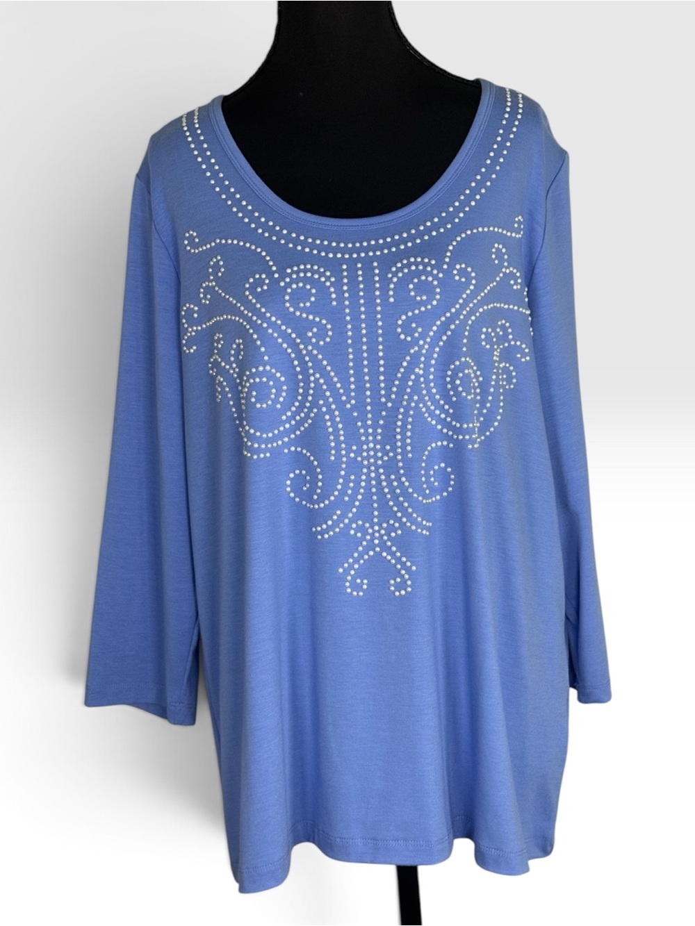 Laura Ashley Womens XL Blue Faux Pearl Embellished Tunic Top Long Sleeve